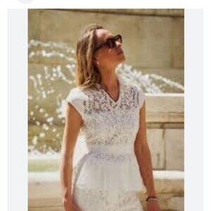 Alberto Makali NY lace White Blouse Top Lace Size M peplum cap sleeves v neck